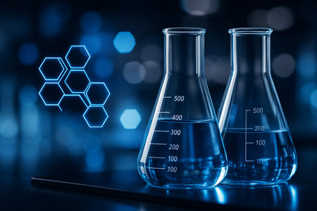 AI generated futuristic laboratory scene with glass flasks and glowing molecular hologram symbolizing innovation research and biotechnologyの素材