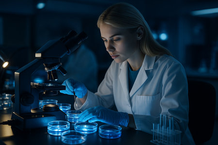 AI generated female scientist in white lab coat and gloves working with petri dishes and microscope in modern laboratory with blue glowing light showing precision dedication and biotechnology researchの素材