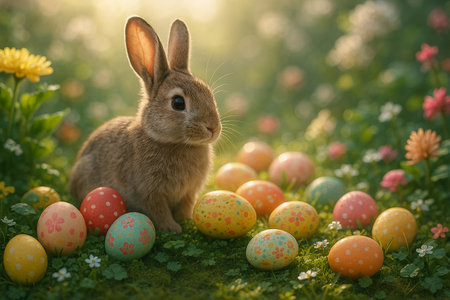 AI generated cute brown bunny sitting among colorful Easter eggs in a spring garden with warm sunlight pastel tones and joyful festive atmosphere full of hope and happinessの素材
