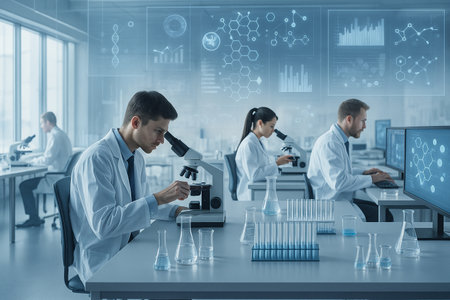 AI generated scientists working in modern laboratory using microscopes and computers with dna molecules and holographic data showing research precision innovation and biotechnology progressの素材