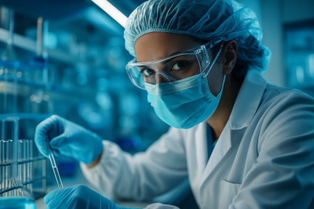 AI generated image of female scientist in protective gear working with focus in modern laboratory symbolizing research medicine biotechnology innovation and future scienceの素材