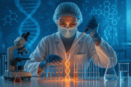 AI generated futuristic biotech scene showing female scientist in lab using pipette with glowing DNA helix symbolizing genetic research medical innovation and future scienceの素材
