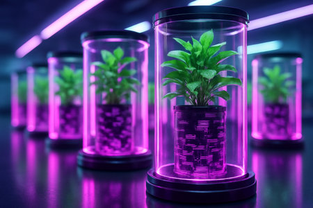 AI generated image of futuristic biotechnology lab with green plants growing in transparent tanks illuminated by neon purple and pink light symbolizing sustainability genetic research and innovationの素材