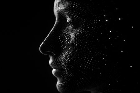 AI generated futuristic digital art of a human face in profile view created with glowing dots and lines symbolizing identity data technology abstract design and human connection in the digital ageの素材
