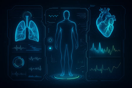 AI generated sci fi digital artwork showing holographic human body with lungs heart and ECG data surrounded by futuristic health monitoring interface in glowing neon colorsの素材