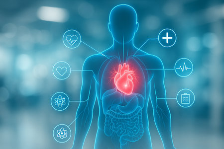 AI generated sci fi medical artwork showing glowing digital human outline with luminous red heart surrounded by holographic health icons data and futuristic interfaceの素材