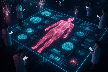AI generated digital artwork of human body hologram glowing in lab with scientists analyzing organs brain heart and lungs symbolizing advanced medical technology and future healthcareの素材