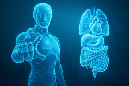 AI generated sci fi medical visualization showing a glowing humanoid robot with holographic human organs including heart lungs stomach and intestines in a futuristic digital settingの素材