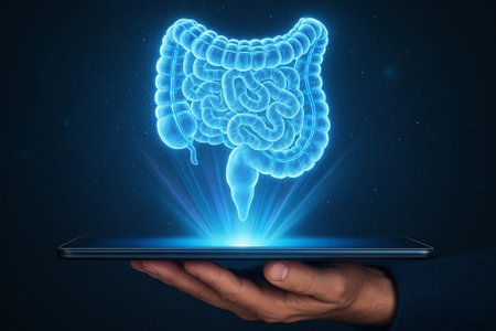 AI generated sci fi medical artwork showing glowing holographic intestines projected from tablet held by human hand with luminous blue light in futuristic digital atmosphereの素材