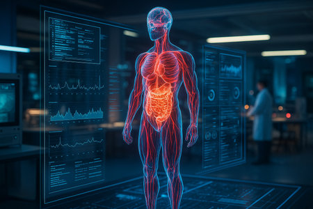 AI generated futuristic medical scene showing glowing holographic human body with muscles blood system and organs surrounded by digital health data in advanced sci fi laboratoryの素材