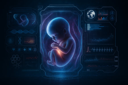 AI generated digital sci fi artwork showing glowing holographic fetus inside futuristic medical interface with biometric data and abstract technology backgroundの素材