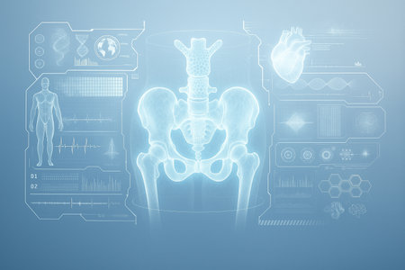 AI generated digital art of glowing pelvic bone hologram with futuristic medical interface displaying anatomy data in a sci fi high tech atmosphereの素材
