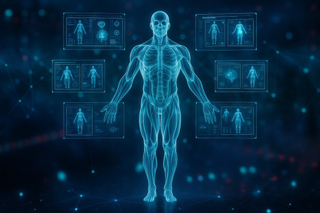 AI generated futuristic medical concept showing transparent holographic human body with muscles and skeleton surrounded by floating digital panels in sci fi laboratory atmosphereの素材