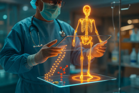 AI generated futuristic medical hologram showing a human skeleton with digital anatomy visualization in a modern laboratory representing advanced healthcare innovationの素材
