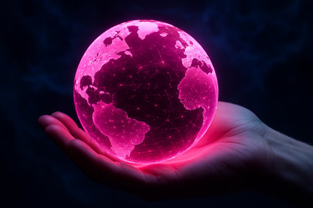 AI generated digital artwork of a glowing pink holographic earth held in a human hand symbolizing technology connectivity innovation and the future of digital worldの素材