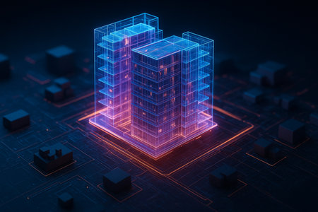AI generated digital art of a glowing holographic building with neon blue and orange lights symbolizing smart city architecture innovation and virtual technology designの素材