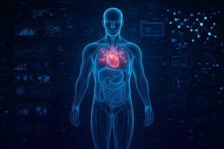 AI generated sci fi medical visualization showing transparent human body hologram with glowing organs surrounded by digital health data and futuristic interface elementsの素材