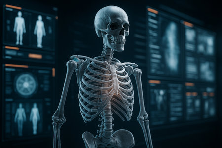 AI generated digital artwork showing a human skeleton in 3D hologram style with medical data visualization futuristic and scientific atmosphereの素材