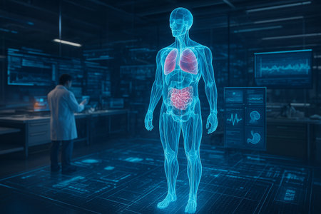 AI generated futuristic medical scene showing glowing holographic human body with skeleton muscles lungs and organs surrounded by digital health data in advanced sci fi laboratoryの素材