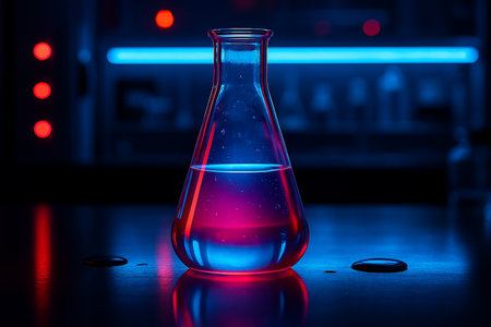 AI generated ultra realistic photo of a conical glass flask with glowing liquid illuminated by neon red and blue lights in a futuristic laboratory atmosphere full of mystery and innovationの素材