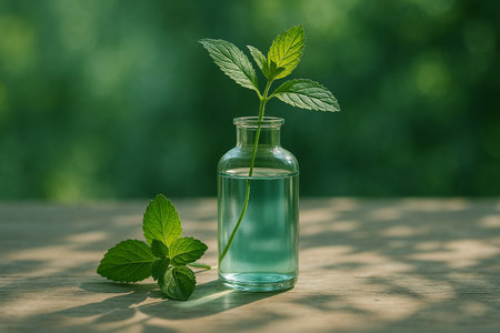 AI generated serene minimal nature scene with small glass bottle and fresh green leaves on wooden table under soft sunlight and blurred natural background creating a calm and pure atmosphereの素材
