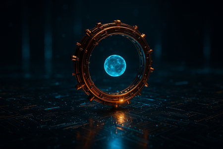 AI generated futuristic a glowing copper energy ring with a blue quantum sphere symbolizing the fusion of technology data and energy in a calm powerful and mysterious cybernetic environmentの素材