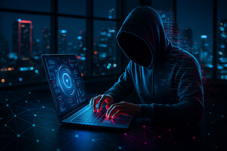 AI generated of a hooded hacker using a laptop surrounded by glowing digital codes and data network in a futuristic neon city symbolizing cyber attack security and digital intelligenceの素材