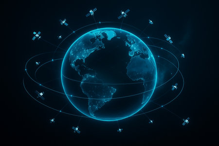 AI generated glowing Earth surrounded by satellites in orbit representing global communication data exchange and futuristic technology connectivity systemの素材