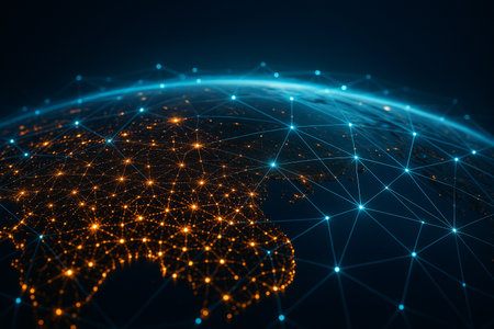 AI generated futuristic Earth glowing with orange and blue lights symbolizing global data hubs communication and information flow representing connection energy and advanced technologyの素材