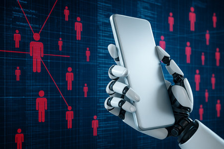 AI generated of robotic hand holding smartphone with blue and red digital network background symbolizing smart communication human interaction and advanced technologyの素材