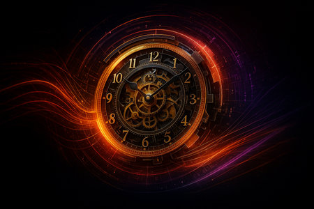 AI generated digital art of a glowing mechanical clock surrounded by data circuits and energy rings symbolizing precision technology time flow and the fusion of machine intelligence in cyber universeの素材