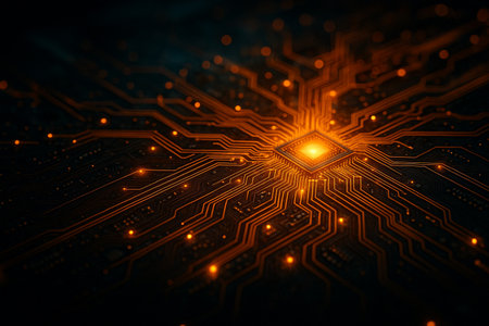 AI generated glowing golden microchip lines symbolizing energy flow data processing and futuristic technology with precision light depth and innovation conceptの素材