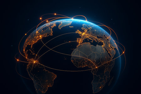 AI generated futuristic digital art of Earth with glowing orange and golden data lines symbolizing worldwide connectivity communication technology energy across continents in a modern cyber landscapeの素材