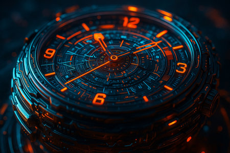 AI generated digital art of glowing mechanical clock with neon orange and blue circuits symbolizing time technology energy precision and the fusion of data and machinery in the future worldの素材