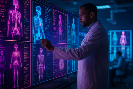 AI generated futuristic concept of a doctor analyzing digital holographic human body scans in neon purple blue light symbolizing advanced medical technology precision and innovation modern healthcareの素材