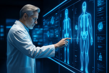 AI generated futuristic a male doctor analyzing 3D holographic human anatomy display glowing blue in a smart medical lab representing advanced healthcare technology innovation and precision medicineの素材