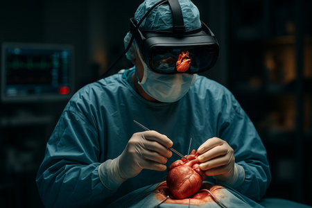 AI generated futuristic heart surgery using augmented reality headset symbolizing advanced medical innovation precision and human technology connection in modern healthcareの素材