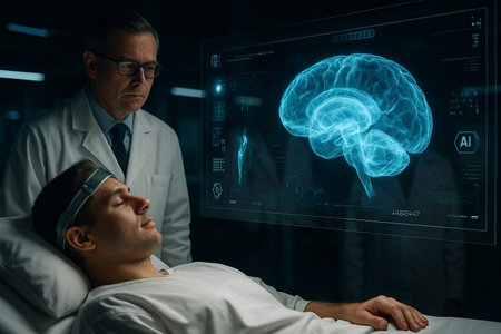 AI generated advanced brain scan technology showing doctors analyzing holographic neural data symbolizing intelligent digital healthcare and medical innovation of the futureの素材