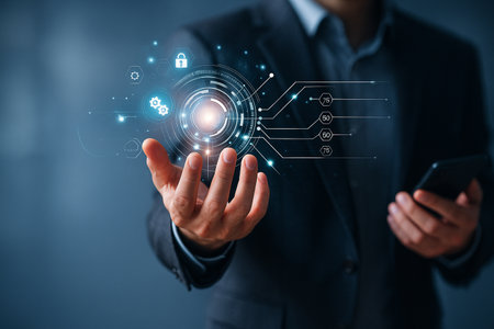 AI generated a businessman controlling digital holographic data interface representing smart technology innovation connection and cyber communication in a modern futuristic worldの素材