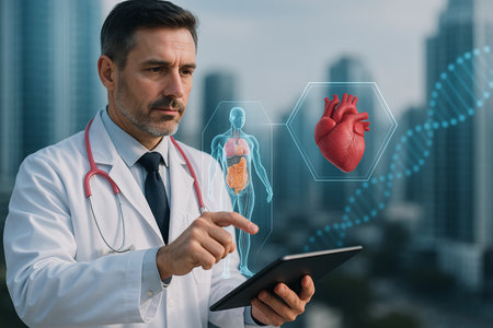 AI generated futuristic medical technology showing doctor using tablet with holographic human anatomy and 3D heart for smart diagnosis symbolizing modern precision healthcare and digital innovationの素材