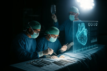 AI generated surgeons performing futuristic smart surgery assisted by holographic 3D heart display symbolizing precision medicine data analysis and advanced medical technology innovationの素材