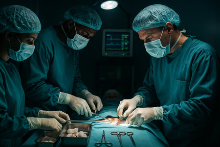 AI generated surgeons performing operation under blue surgical light showing precision teamwork focus and trust in modern medical technology with clean professional atmosphereの素材