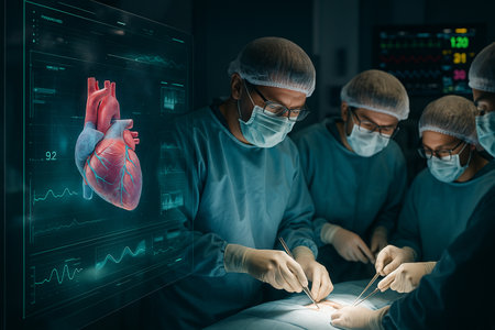 AI generated surgeons performing precise operation assisted by 3D holographic heart display symbolizing advanced medical technology and human AI collaborationの素材
