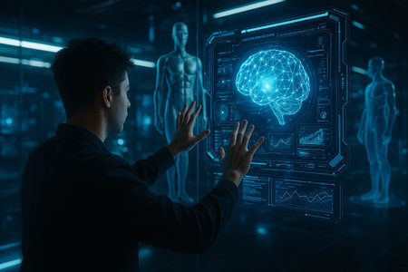 AI generated scene of human interacting with 3D holographic brain and digital interface in futuristic lab symbolizing data analysis artificial intelligence and human technology connectionの素材