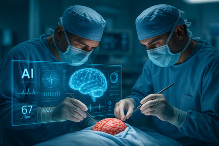 AI generated surgeons performing advanced brain surgery using smart healthcare technology with real time AI data and 3D holographic brain scans in a modern operating roomの素材