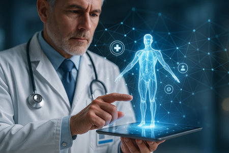AI generated doctor interacting with a 3D holographic human body surrounded by data connections symbolizing modern medical analysis and smart healthcare innovation.の素材