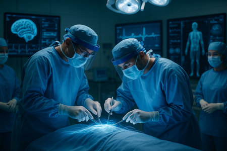 AI generated modern surgical operation integrating advanced digital technology where surgeons use glowing blue energy tools under smart healthcare systems symbolizing precision hope in future medicineの素材
