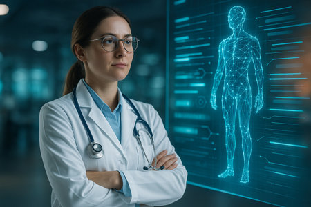 AI generated female doctor analyzing a holographic human body symbolizing the future of healthcare powered by artificial intelligence and digital innovationの素材