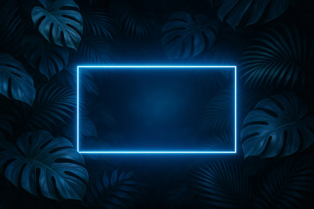 AI generated ultra realistic neon tropical leaves surrounding a glowing frame with a clean central space modern fresh atmospheric design suitable for posters banners or presentationsの素材