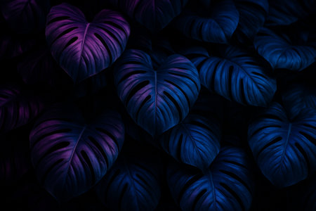 AI generated vibrant neon monstera foliage in purple and blue tones creating mysterious dreamy tropical night mood suitable for design backgrounds creative visual projectsの素材